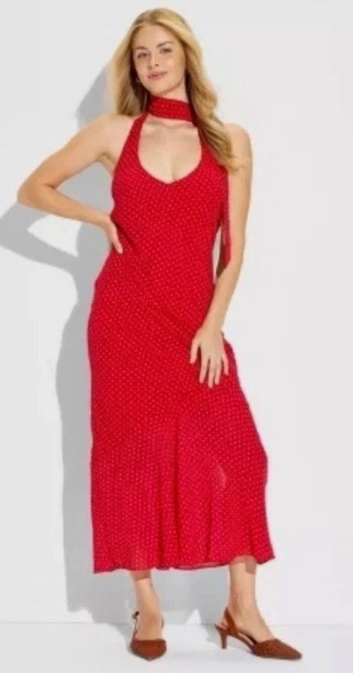 Wild Fable Womens SleevelessRed Polka Dot Halter Scarf Tie Maxi Dress - XXS
